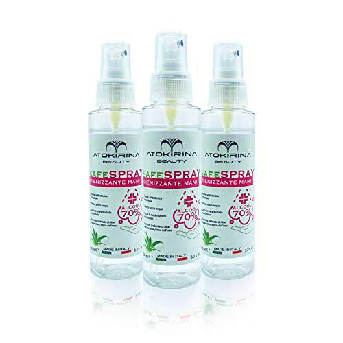 ATOKIRINA SAFESPRAY Desinfectante de manos y superficies 70%Alcohol con Aloe Vera Actúa rápidamente Sin Enjuague Antibacteriano Protege de Virus y Bacterias Desinfecta las manos de los niños 3x100ml