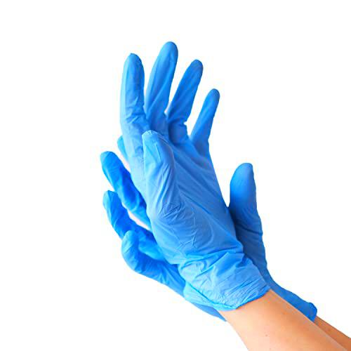 Guantes desechables de vinilo azul| Paquete de 100| súper fuerte| Certificado CE| Sin polvo ni látex| no estéril| Multiusos| Uso individual| Para Profesionales y Público en General(Larga)