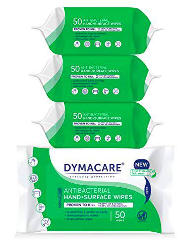 Toallitas antibacterians manos y superficies DYMACARE | Toallitas húmedas universales manos y superficies probadas dermatológicamente (4 paquetes (200 toallitas))