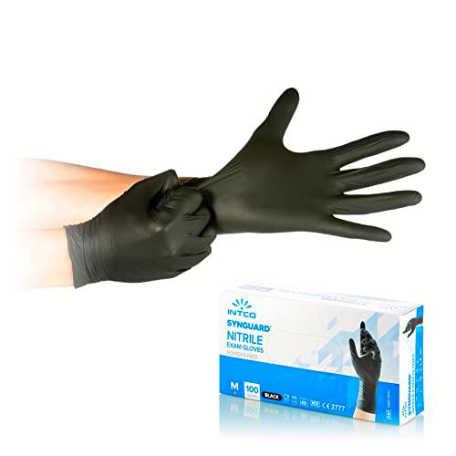 Intco Synguard,Guantes negros de nitrilo,Sin polvo,Desechables- Ambidextros,No estériles,Base de goma,Apto para ámbitos médicos