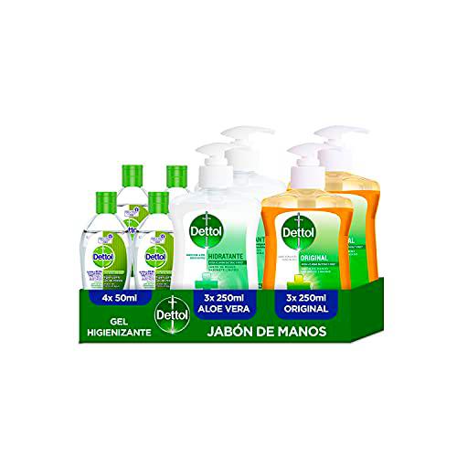 Dettol - Gel Hidroalcohólico Antibacteriano para Manos 50 ml x 4 + Dettol Jabón de Manos Original 250ml x 2 + Dettol Jabón de Manos Aloe Vera Hidratante 250ml x 2