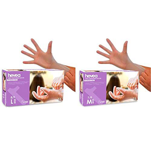 Hevea Guantes desechables de vinilo sin polvo pack 1 x 100 Talla M &amp; Guantes desechables de vinilo sin polvo pack 1 x 100 Talla L