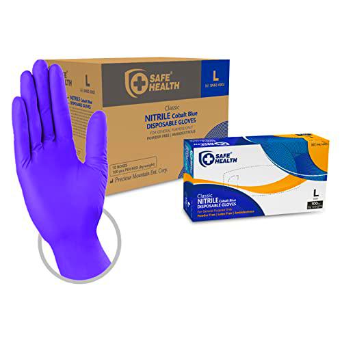 Safe Health Guantes Desechables de Nitrilo Azul Cobalto Talla L | 1000 unidades | Sin polvo Sin látex | Dedos texturizados | Limpieza Bricolaje Alimentación | 3 Mil