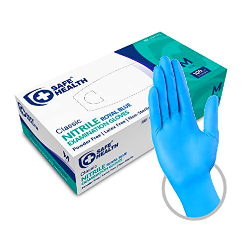 Safe Health Guantes Desechables de examen de Nitrilo Azul Talla M | 100 unidades | Sin polvo Sin látex | Certificado CE EN455 | Atención médica Alimentación | 3,5 Mil