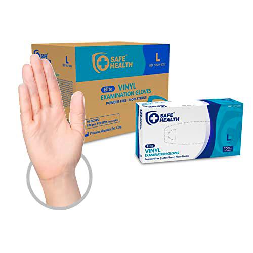 Safe Health Guantes Desechables de examen de Vinilo Transparente Talla L | 1000 unidades | Sin polvo Sin látex | Certificado CE | Limpieza Atención médica Alimentación | 3 Mil