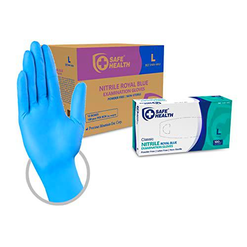 Safe Health Guantes Desechables de examen de Nitrilo Azul Talla L | 1000 unidades | Sin polvo Sin látex | Certificado CE EN455 | Atención médica Alimentación | 3,5 Mil