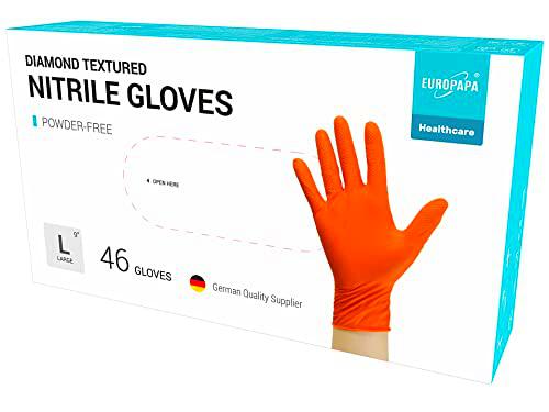 EUROPAPA 46 guantes de nitrilo extra gruesos DiamantGrip Diamante negro y naranja Perfect Grip desechables guantes de protección de montaje sin polvo (naranja, L)