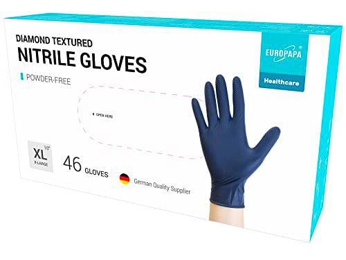 EUROPAPA 46 guantes de nitrilo extra gruesos DiamantGrip Diamante negro y naranja Perfect Grip Guantes desechables de montaje sin polvo Guantes de trabajo sin látex (negro, XL)