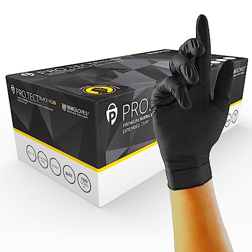 UNIGLOVES PRO.TECT - Guantes desechables de nitrilo HD+ negros con puño extendido