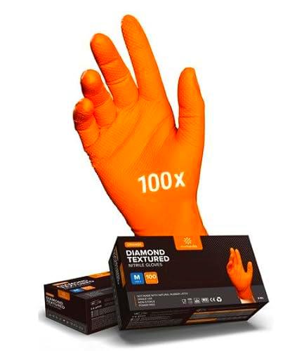 NIMEDA Guantes desechables L Naranja 100 unidades de guantes de nitrilo 2-3 guantes gruesos desechables guantes de trabajo sin polvo y látex con agarre de diamante | Talla L