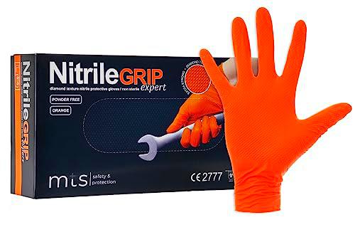 MTS Safety &amp; Protection Guantes Desechables L - Paquete De 50/caja Guantes De Nitrilo Guantes Naranjas Nitrilo Estructura De Diamante Agarre