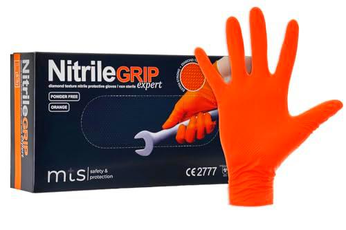 MTS Safety &amp; Protection Guantes Desechables XL - Paquete De 50/caja Guantes De Nitrilo Guantes Naranjas Nitrilo Estructura De Diamante Agarre