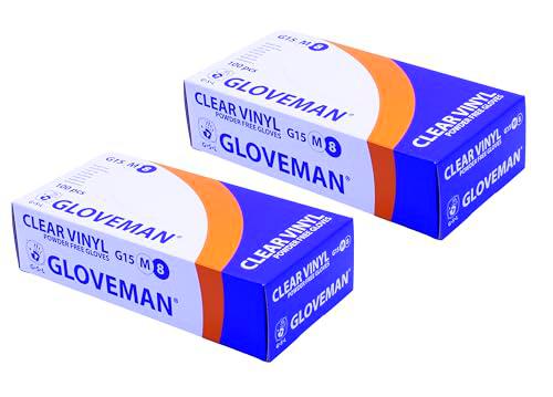 GLOVEMAN Guantes de vinilo transparente (paquete de 2 cajas de 100) (tamaño mediano)