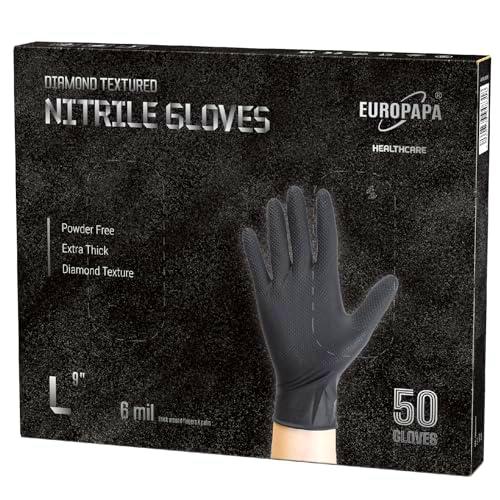 EUROPAPA 50x guantes de nitrilo extra gruesos DiamantGrip guantes desechables negros y naranjas guantes de protección de montaje guantes de trabajo sin polvo y sin látex (L, Negro)