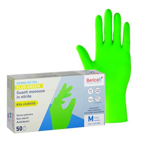 Bericah, Derma Nytril Fluo Green, talla M, guantes desechables de nitrilo