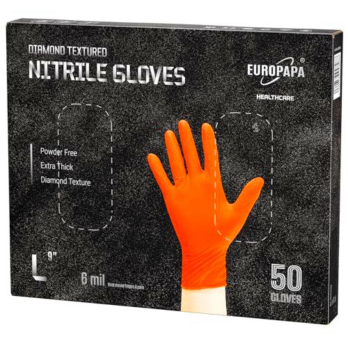 EUROPAPA 50x guantes de nitrilo extra gruesos DiamantGrip guantes desechables negros y naranjas guantes de protección de montaje guantes de trabajo sin polvo y sin látex (L, Naranja)