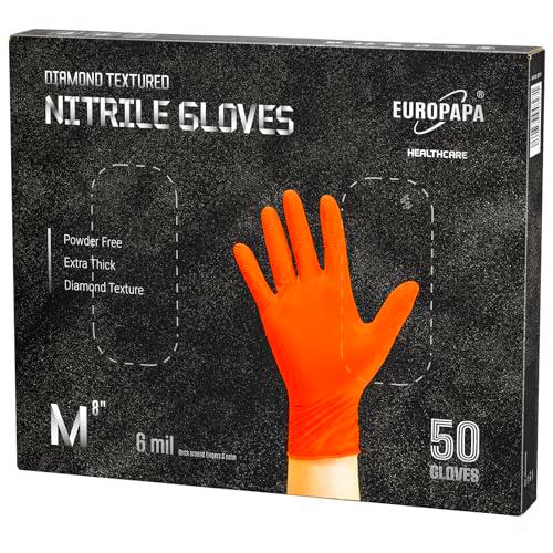 EUROPAPA 50x guantes de nitrilo extra gruesos DiamantGrip guantes desechables negros y naranjas guantes de protección de montaje guantes de trabajo sin polvo y sin látex (M, Naranja)