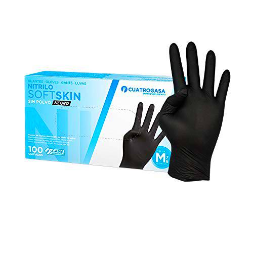 Cuatrogasa Guantes de nitrilo sin polvo negro | Gama Soft Skin | Guantes desechables de un solo uso | Calidad extra | Caja de 100 unidades | Talla S