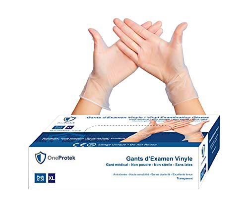 100 Guantes vinilo transparente OneProtek - Guantes de examen desechables sin polvo ni látex