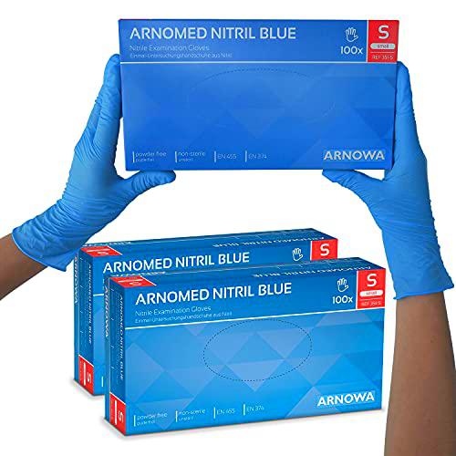 Juego de 2 guantes de nitrilo sin polvo y sin látex azules desechables talla S 100 unidades/caja Guantes desechables ARNOMED en gr. S M L XL